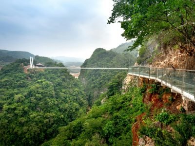 Glass bridge spans a lush mountain valley with cliffs, creating a spectacular view.
